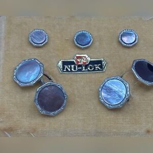 Vintage Nu-Lok Mens Cufflinks Shirt Stud Set Mother Of Pearl Tuxedo Formal Dress